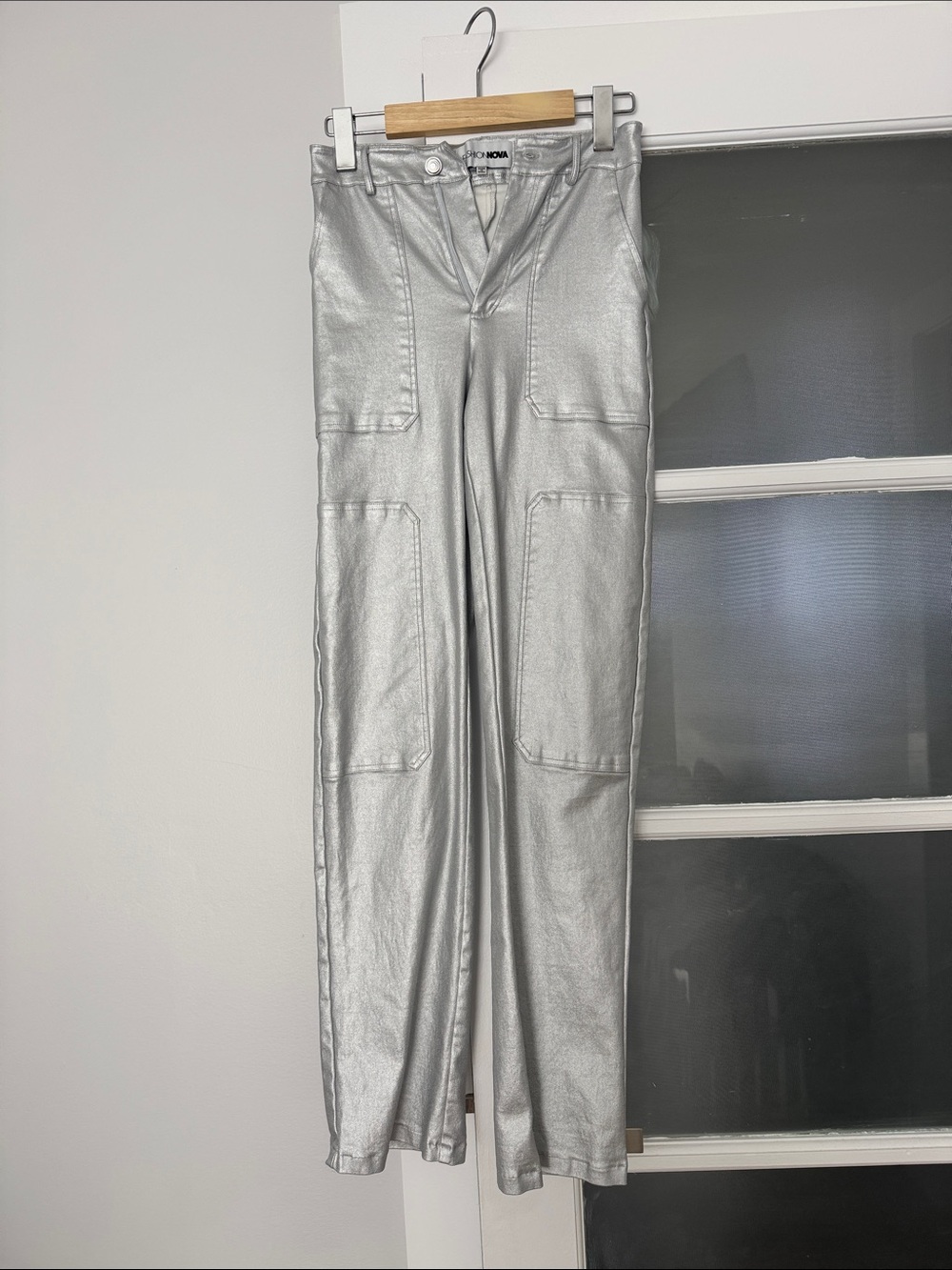 Fashion Nova Silver Metallic High-Waist Pants